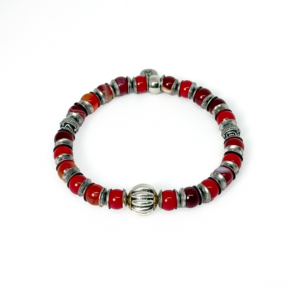 Handmade Natural Striped Red Agate & Metal Beads Stretch Bracelet - 8" Diameter